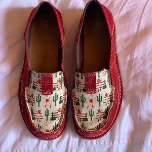 Women’s Ariat Cruiser slip-ons. Red leather with a cactus cowgirl print